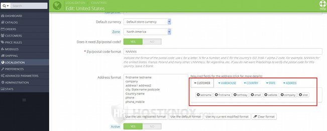 Form for Adding/Editing Countries-Buttons for Adding Fields to the Address Format