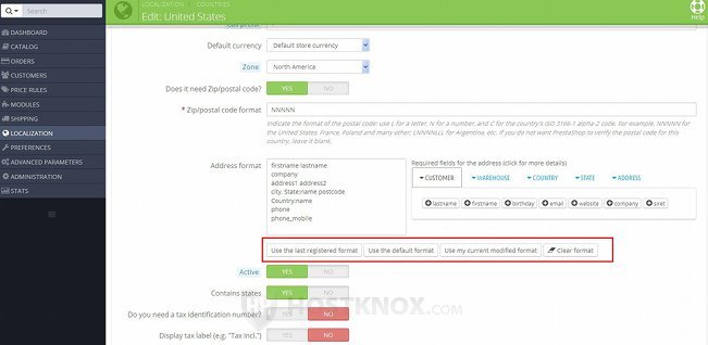 Form for Adding/Editing Countries-Buttons for Resetting the Address Format