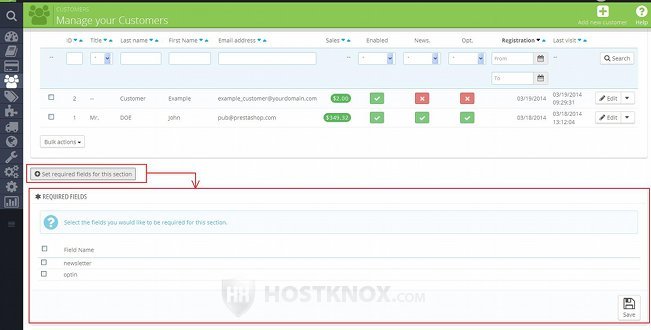 Customers Section in the Admin Panel-Set Required Fields Button