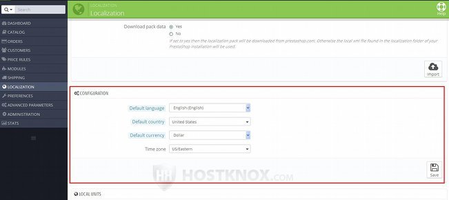 Settings for the Default Language, Country, Currency and Time Zone of the Shop
