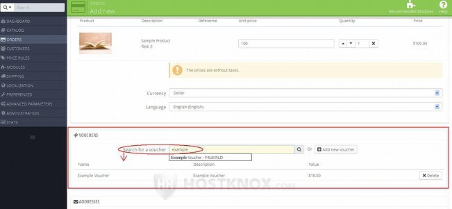 Form for Adding New Orders-Vouchers Block