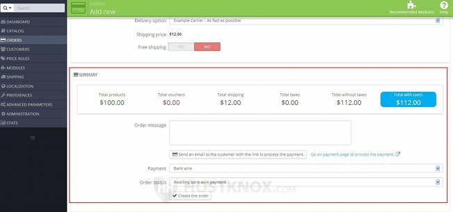 Form for Adding New Orders-Summary Block