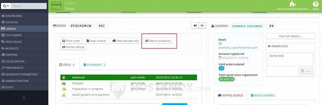 Order Details Page in the Admin Panel-Return Products Button