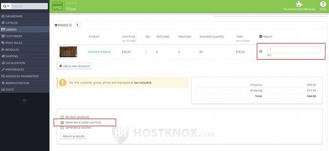 Order Details Page in the Admin Panel-Option for Generating a Credit Slip