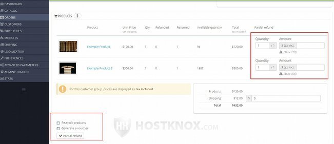 Admin Panel-Options on Order Details Page for Refunding Products