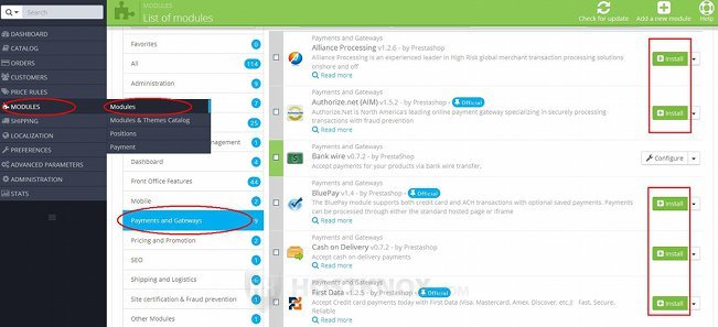 Payment Modules List in the Modules Section in the Admin Panel-Installing a Module