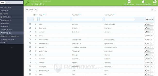 Table with Default Pages in Preferences>SEO &URLs