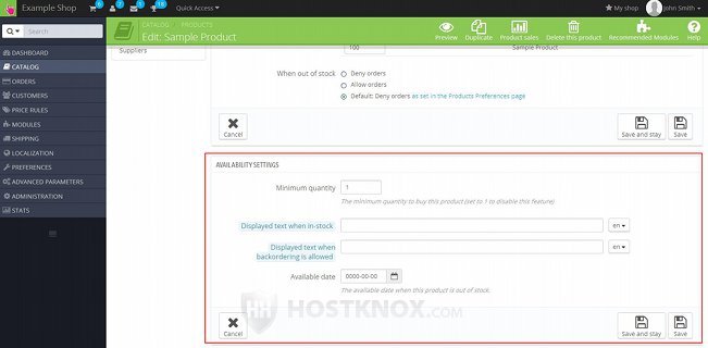 Quantities Tab-Availability Settings