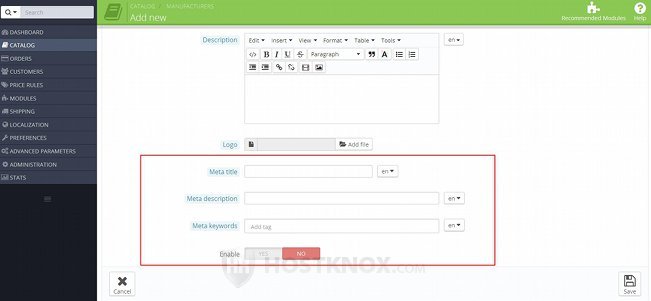 Form for Adding Manufacturers-Meta and Enable Options