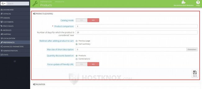 Product Preferences-Products (General) Section