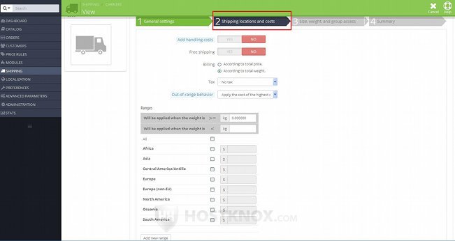 Form for Adding/Editing Carriers-Shipping Locations and Costs