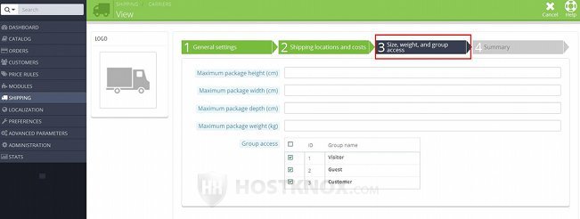 Form for Adding/Editing Carriers-Size, Weight and Group Access