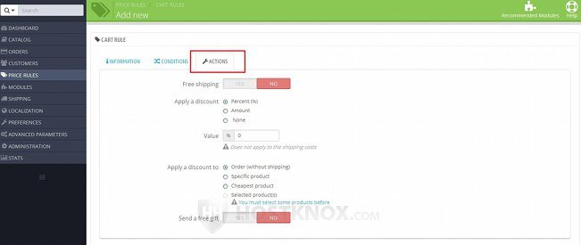 Form for Adding/Editing Cart Price Rules-Settings for Actions