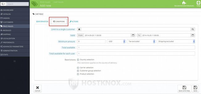 Form for Adding/Editing Cart Price Rules-Settings for Conditions