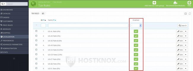 Table with Existing Tax Rules-Enabled Column