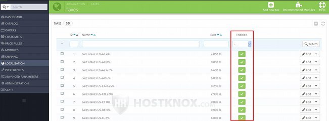 Enabled Column in the Table Listing the Tax Rates
