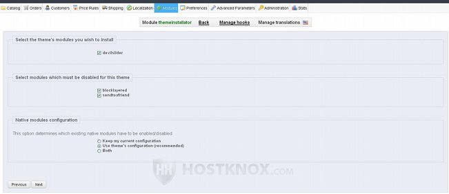 Module Options During Theme Installation in PrestaShop 1.5
