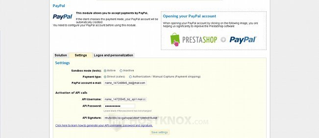 PayPal Module Settings-Settings Tab Example