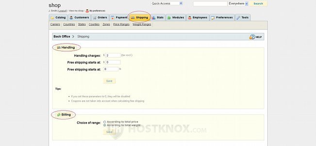 Shipping Tab-Handling and Billing Sections