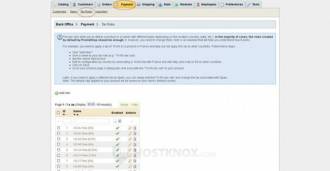 Tax Rules Sub-tab Page