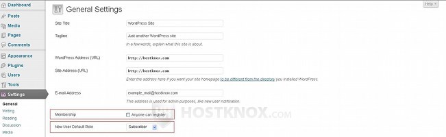 General Settings-Membership and New User Default Role