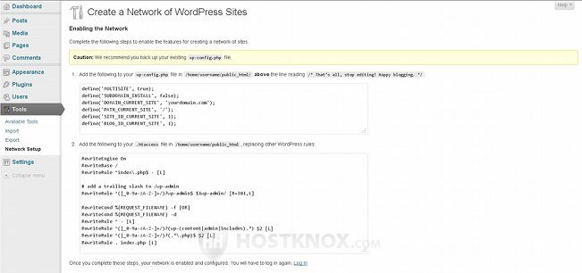 Network Setup Options in the Admin Panel-wp-config.php and .htaccess Code