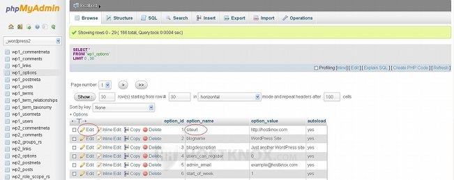 phpMyAdmin-siteurl Row in the wp_options Table