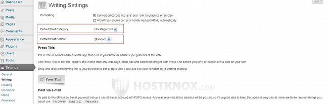 Writing Settings-Default Post Category and Default Post Format